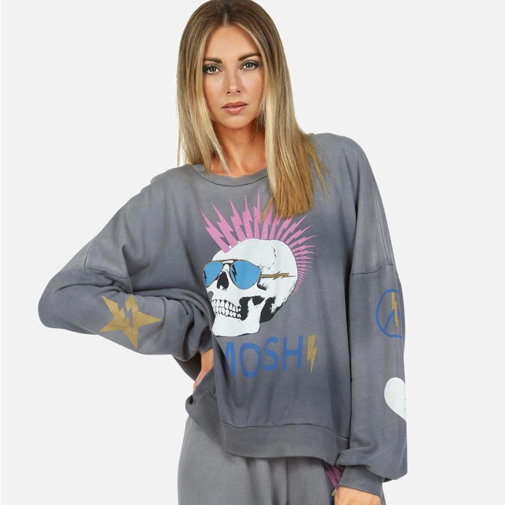 Graphic Skull Pullover Sweatshirt - Gray with Pink & Blue